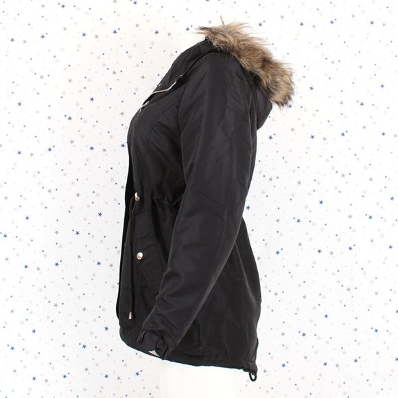 Black Faux Fur Hooded Sherpa Fur Lined Jacket - Picture 11 of 14